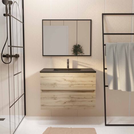 Set Mobile Bagno Sospeso 80 cm - 2 Cassetti Rovere + Lavabo Nero + Specchio - TIMBER 80