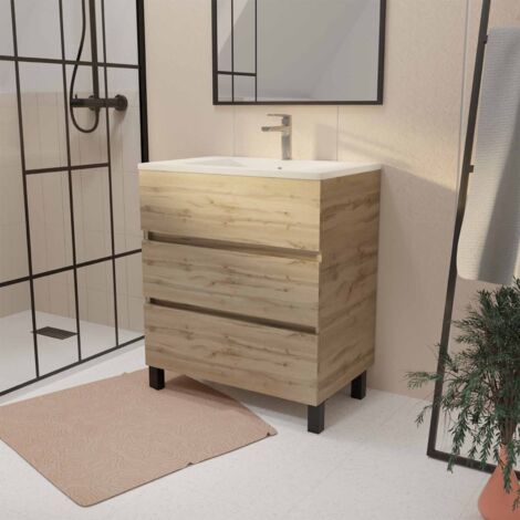 Mobile da bagno 70 cm Decor Rovere Naturale con 3 cassetti e Lavabo in ceramica bianca