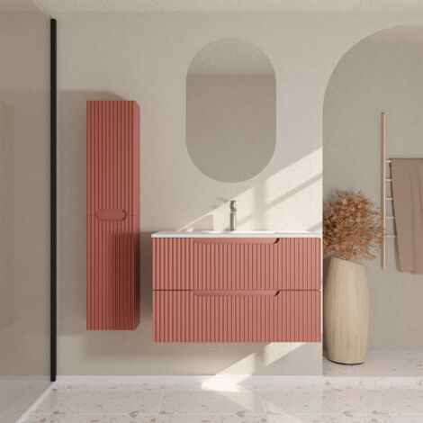 Mobile e Colonna Bagno LEON 80 cm Terracotta - Frontali Ondulati - Lavabo Bianco Opaco