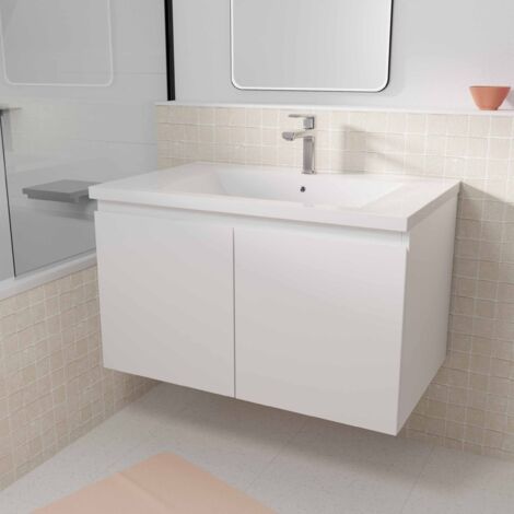 Mobile da Bagno Sospeso 80 cm Bianco 2 Ante Lavabo Bianco - ELEMENTARY