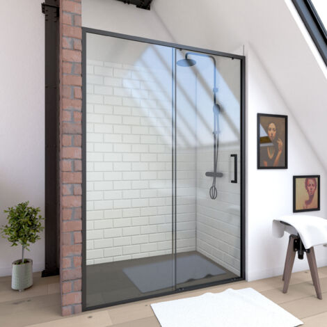Parete doccia 1 porta scorrevole 120x200 cm - Vetro trasparente - Profilo nero - CRUSH