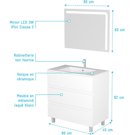 Armadio per mobile da bagno bianco 80 cm a piedi 3 cassetti +