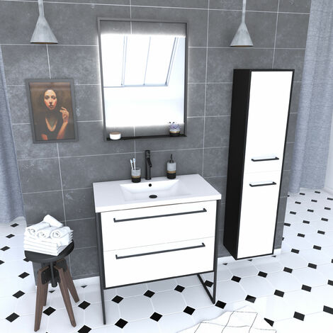 Set da bagno bianco da 80 cm + bacino di resina bianca + cassetti bianchi  opachi + specchio + colonna