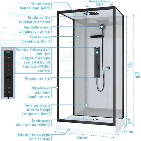 Cabina doccia idromassaggio 110x80x215 cm - Grigio Profili Nero Opaco - GREY STYLE