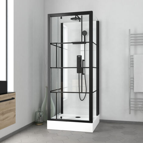 Cabina doccia quadrata 80x80x213 cm - Porta girevole - Bianca e profili neri opachi - RUBIQ