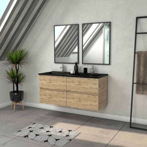 Mobile da bagno 120cm con 4 ante aspetto Rovere Naturale + lavabo nero e specchi rettangolari (1/4)