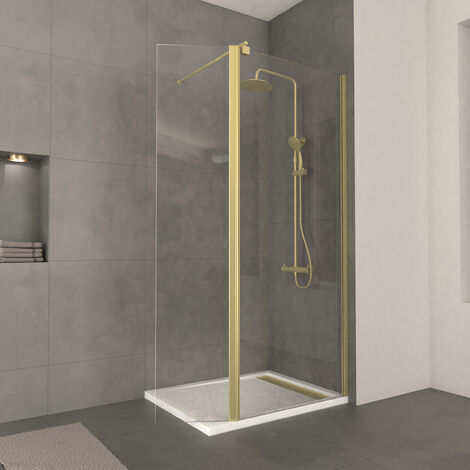 Parete Doccia Trasparente con Deflettore 80+40x200cm - Profilo + Barra Estensibile Oro Dorato