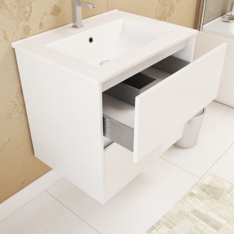 Armadietto Da Bagno Con Lavabo Integrato E LED - Bianco, Dimensioni 76x46x50 Cm, MDF Laccato, 2 Ante, 1 Cassetto, Sensore Di Movimento