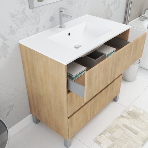 Set Mobile Bagno 80 cm Rovere Chiaro 3 Cassetti, Lavabo, Specchio