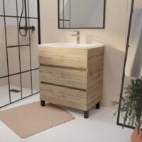 Mobile da bagno 70 cm Decor Rovere Naturale con 3 cassetti e Lavabo in ceramica bianca