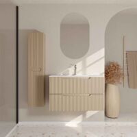 Mobile e Colonna Bagno LEON 80 cm Marrone Glacé - Frontali Ondulati - Lavabo Bianco Opaco