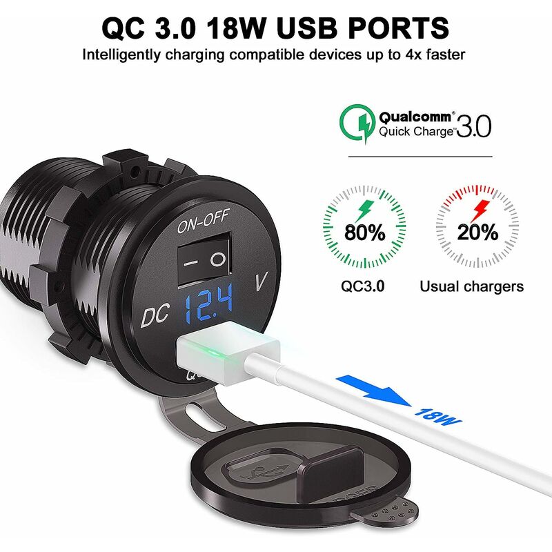 USB C Steckdose 12V PD & QC 3.0 USB Einbau Buchse Wasserdicht KFZ Ladegerät  Dose