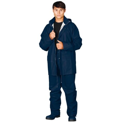 Regenschutzkleidung blau aus Polyurethan, Set aus Hose und Jacke mit Kapuze L