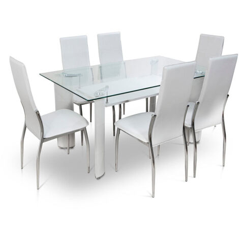 Mesa de Cristal Templado + 6 Sillas en Polipiel/Metal (1/5)