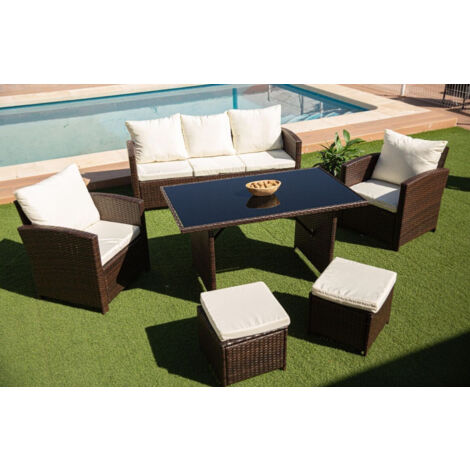 Sofa + Mesa + 2 Sillones+ 2 pufs de Ratan PE. Muebles de Jardin y Terraza