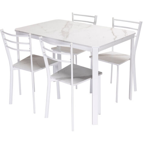 Conjunto de Mesa y 4 Sillas, Efecto Marmol Blanco y Metal. Comedor o Cocina