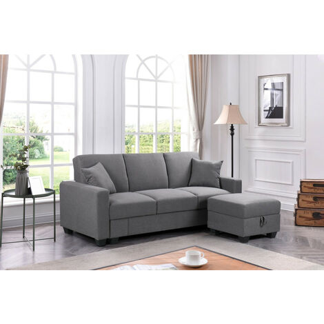 Sofa-cama más arcón y puff movible con capacidad de almacenaje 3 color gris oscuro tela