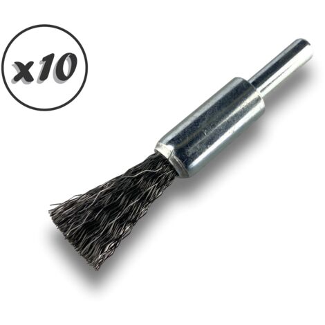 Brosse en bout sur tige  Forme pinceau  Fil ACIER souple  Diamètres variés - Quantité x10 - Ø 12 mm - acier - Souple