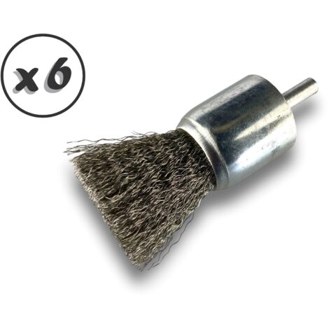 Brosse en bout sur tige Forme pinceau Fil INOX souple Diamètres variés - Quantité x 6 - Ø 28 mm - INOX - Souple