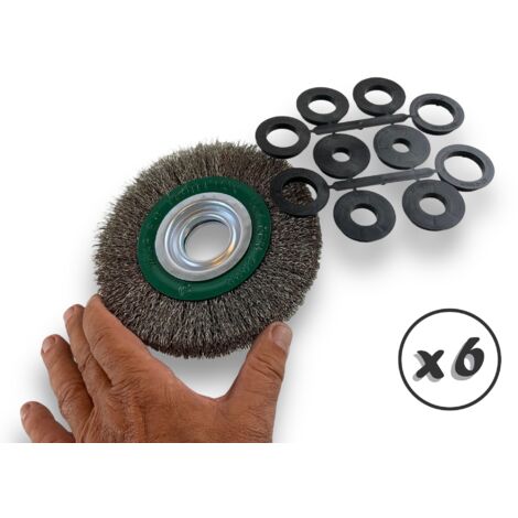 Lot de 6 brosses circulaires INOX  Ø 150 mm  Epaisseur 2 rangs  Fil dur 0.30 mm ondulé  Alésage 32 mm + réducteur bague 25/22/20/16/12 mm  Touret affûteuse ponceuse  Kibros 235152ITx6