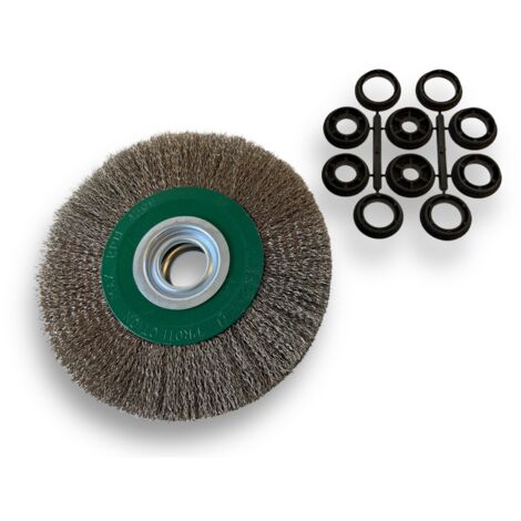 Brosse circulaire INOX Ø 200 mm Epaisseur 3 rangs Fil dur 0.30 mm ondulé Alésage 32 mm + réducteur bague 25/22/20/16/12 mm Touret meuleuse affûteuse ponceuse Kibros 238203IT