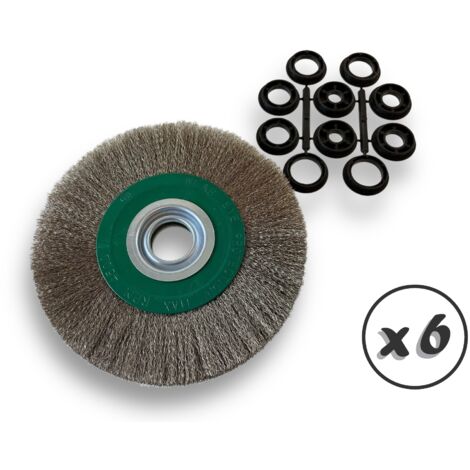 Lot de 6 brosses circulaires INOX Ø 200 mm Epaisseur 3 rangs Fil souple 0.20 mm ondulé Alésage 32 mm + réducteur bague 25/22/20/16/12 mm Touret affûteuse ponceuse Kibros 238203IVx6