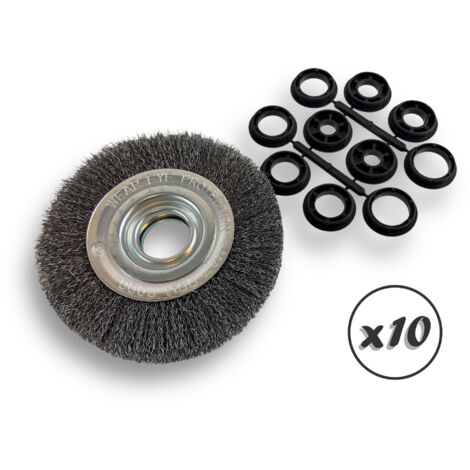 Lot de 10 brosses circulaires ACIER Ø 150 mm Epaisseur 3 rangs Fil dur 0.30 mm ondulé Alésage 32 mm + réducteur bague 25/22/20/16/12 mm Touret affûteuse ponceuse Kibros 235153ATx10