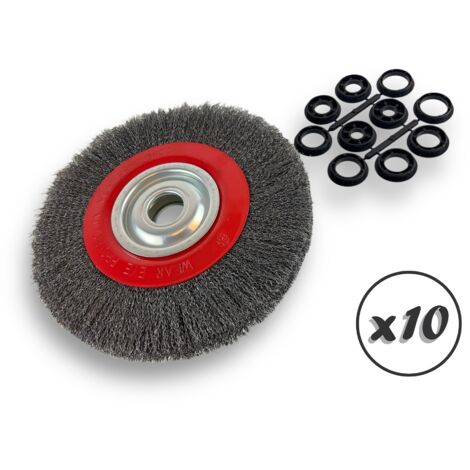 Lot de 10 brosses circulaires ACIER  Ø 250 mm  Epaisseur 2 rangs  Fil dur 0.30 mm ondulé  Alésage 32 mm + réducteur bague 25/22/20/16/12 mm  Touret affûteuse ponceuse  Kibros 231252ATx10