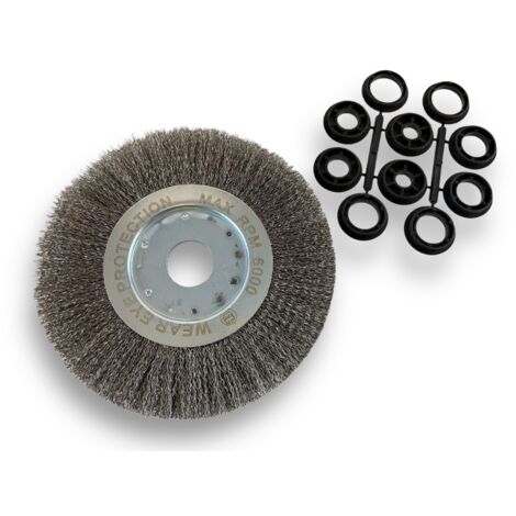 Brosse circulaire INOX Ø 200 mm Epaisseur 1 rang Fil dur 0.30 mm ondulé Alésage 32 mm + réducteur bague 25/22/20/16/12 mm Touret meuleuse affûteuse ponceuse Kibros 218201IT