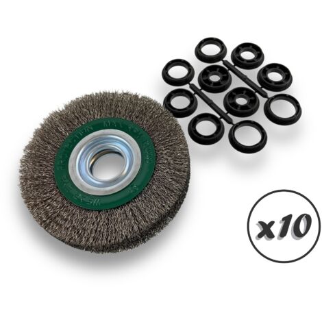 Lot de 10 brosses circulaires INOX Ø 150 mm Epaisseur 3 rangs Fil dur 0.30 mm ondulé Alésage 32 mm + réducteur bague 25/22/20/16/12 mm Touret affûteuse ponceuse Kibros 235153ITx10