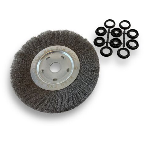 Brosse circulaire ACIER  Ø 250 mm  Epaisseur 1 rang  Fil souple 0.20 mm ondulé  Alésage 32 mm + réducteur bague 25/22/20/16/12 mm  Touret meuleuse affûteuse ponceuse  Kibros 211251AV