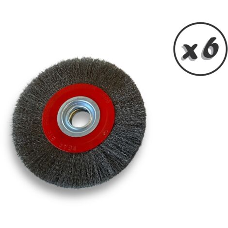 Lot de 6 brosses circulaires ACIER  Ø 200 mm  Epaisseur 3 rangs  Fil souple 0.20 mm ondulé  Alésage 32 mm + réducteur bague 25/22/20/16/12 mm  Touret affûteuse ponceuse  Kibros 238203AVx6