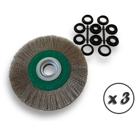 Lot de 3 brosses circulaires INOX Ø 200 mm Epaisseur 3 rangs Fil souple 0.20 mm ondulé Alésage 32 mm + réducteur bague 25/22/20/16/12 mm Touret affûteuse ponceuse Kibros 238203IVx3