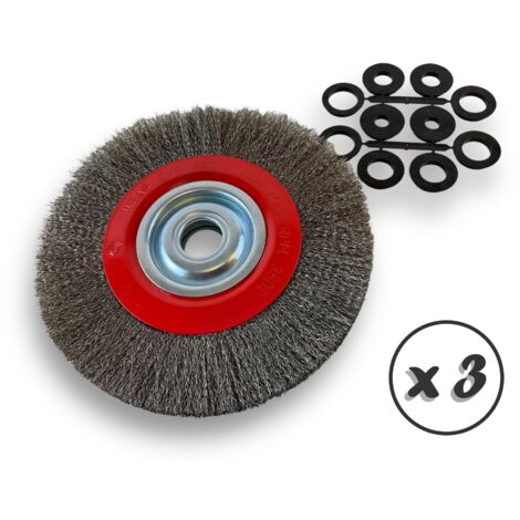Lot de 3 brosses circulaires INOX  Ø 250 mm  Epaisseur 2 rangs  Fil dur 0.30 mm ondulé  Alésage 32 mm + réducteur bague 25/22/20/16/12 mm  Touret affûteuse ponceuse  Kibros 231252ITx3