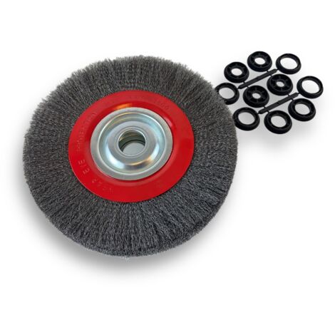 Brosse circulaire ACIER Ø 250 mm Epaisseur 3 rangs Fil souple 0.20 mm ondulé Alésage 32 mm + réducteur bague 25/22/20/16/12 mm Touret meuleuse affûteuse ponceuse Kibros 231253AV