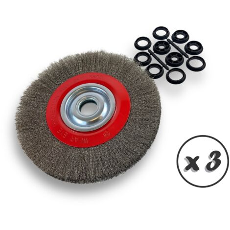 Lot de 3 brosses circulaires INOX  Ø 250 mm  Epaisseur 2 rangs  Fil souple 0.20 mm ondulé  Alésage 32 mm + réducteur bague 25/22/20/16/12 mm  Touret affûteuse ponceuse  Kibros 231252IVx3