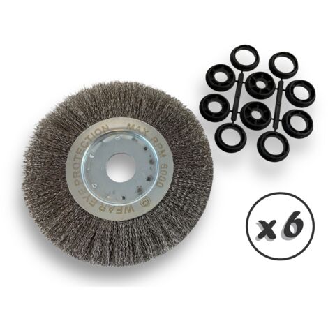Lot de 6 brosses circulaires INOX  Ø 200 mm  Epaisseur 1 rang  Fil dur 0.30 mm ondulé  Alésage 32 mm + réducteur bague 25/22/20/16/12 mm  Touret affûteuse ponceuse  Kibros 218201ITx6