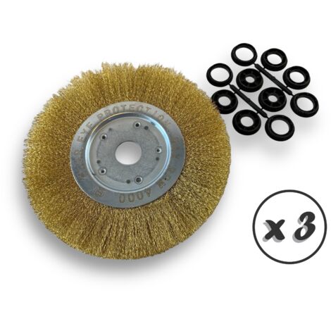 Lot de 3 brosses circulaires LAITON  Ø 250 mm  Epaisseur 1 rang  Fil dur 0.30 mm ondulé  Alésage 32 mm + réducteur bague 25/22/20/16/12 mm  Touret affûteuse ponceuse  Kibros 211251LTx3