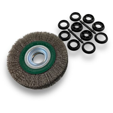 Brosse circulaire INOX Ø 150 mm Epaisseur 3 rangs Fil dur 0.30 mm ondulé Alésage 32 mm + réducteur bague 25/22/20/16/12 mm Touret meuleuse affûteuse ponceuse Kibros 235153IT