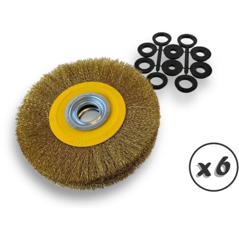 Lot de 6 brosses circulaires LAITON Ø 200 mm Epaisseur 3 rangs Fil dur 0.30 mm ondulé Alésage 32 mm + réducteur bague 25/22/20/16/12 mm Touret affûteuse ponceuse Kibros 238203LTx6 (1/5)