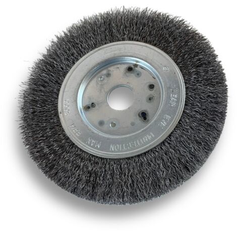 Brosse circulaire ACIER  Ø 150 mm  Epaisseur 1 rang  Fil souple 0.20 mm ondulé  Alésage 20 mm + réducteur bague 16/12 mm  Touret meuleuse affûteuse ponceuse  Kibros 215151AV