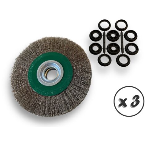 Lot de 3 brosses circulaires INOX  Ø 200 mm  Epaisseur 3 rangs  Fil dur 0.30 mm ondulé  Alésage 32 mm + réducteur bague 25/22/20/16/12 mm  Touret affûteuse ponceuse  Kibros 238203ITx3