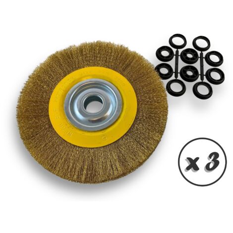 Lot de 3 brosses circulaires LAITON  Ø 250 mm  Epaisseur 2 rangs  Fil dur 0.30 mm ondulé  Alésage 32 mm + réducteur bague 25/22/20/16/12 mm  Touret affûteuse ponceuse  Kibros 231252LTx3