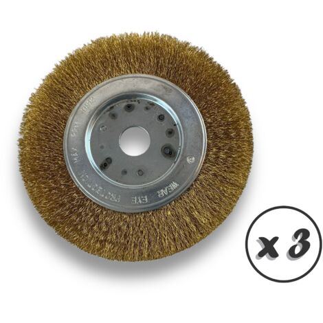 Lot de 3 brosses circulaires LAITON Ø 150 mm Epaisseur 1 rang Fil souple 0.20 mm ondulé Alésage 20 mm + réducteur bague 16/12 mm Touret meuleuse affûteuse ponceuse Kibros 215151LVx3