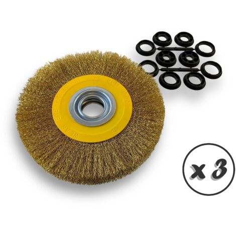 Lot de 3 brosses circulaires LAITON  Ø 200 mm  Epaisseur 2 rangs  Fil dur 0.30 mm ondulé  Alésage 32 mm + réducteur bague 25/22/20/16/12 mm  Touret affûteuse ponceuse  Kibros 238202LTx3