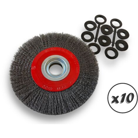 Lot de 10 brosses circulaires ACIER Ø 200 mm Epaisseur 3 rangs Fil dur 0.30 mm ondulé Alésage 32 mm + réducteur bague 25/22/20/16/12 mm Touret affûteuse ponceuse Kibros 238203ATx10