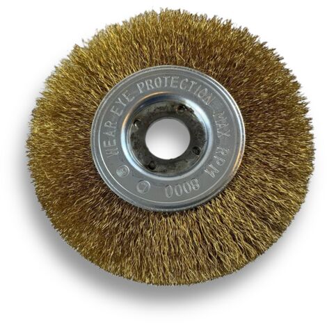 Brosse circulaire LAITON  Ø 125 mm  Epaisseur 1 rang  Fil souple 0.20 mm ondulé  Alésage 16 mm  Touret meuleuse affûteuse ponceuse  Brossage décapage polissage dérouillage  Kibros 214126LV