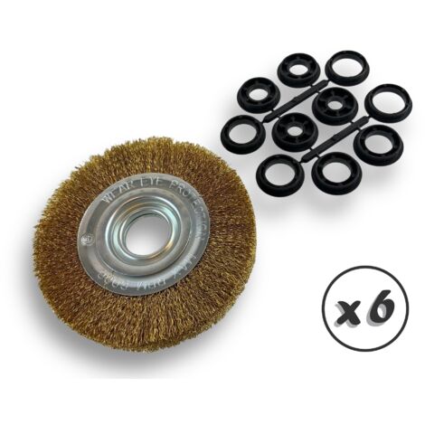 Lot de 6 brosses circulaires LAITON  Ø 150 mm  Epaisseur 2 rangs  Fil dur 0.30 mm ondulé  Alésage 32 mm + réducteur bague 25/22/20/16/12 mm  Touret affûteuse ponceuse  Kibros 235152LTx6