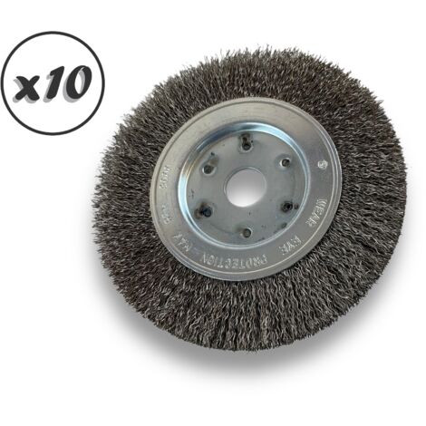 Lot de 10 brosses circulaires INOX  Ø 150 mm  Epaisseur 1 rang  Fil dur 0.30 mm ondulé  Alésage 20 mm + réducteur bague 16/12 mm  Touret meuleuse affûteuse ponceuse  Kibros 215151ITx10