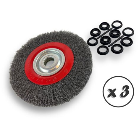 Lot de 3 brosses circulaires ACIER Ø 250 mm Epaisseur 2 rangs Fil dur 0.30 mm ondulé Alésage 32 mm + réducteur bague 25/22/20/16/12 mm Touret affûteuse ponceuse Kibros 231252ATx3